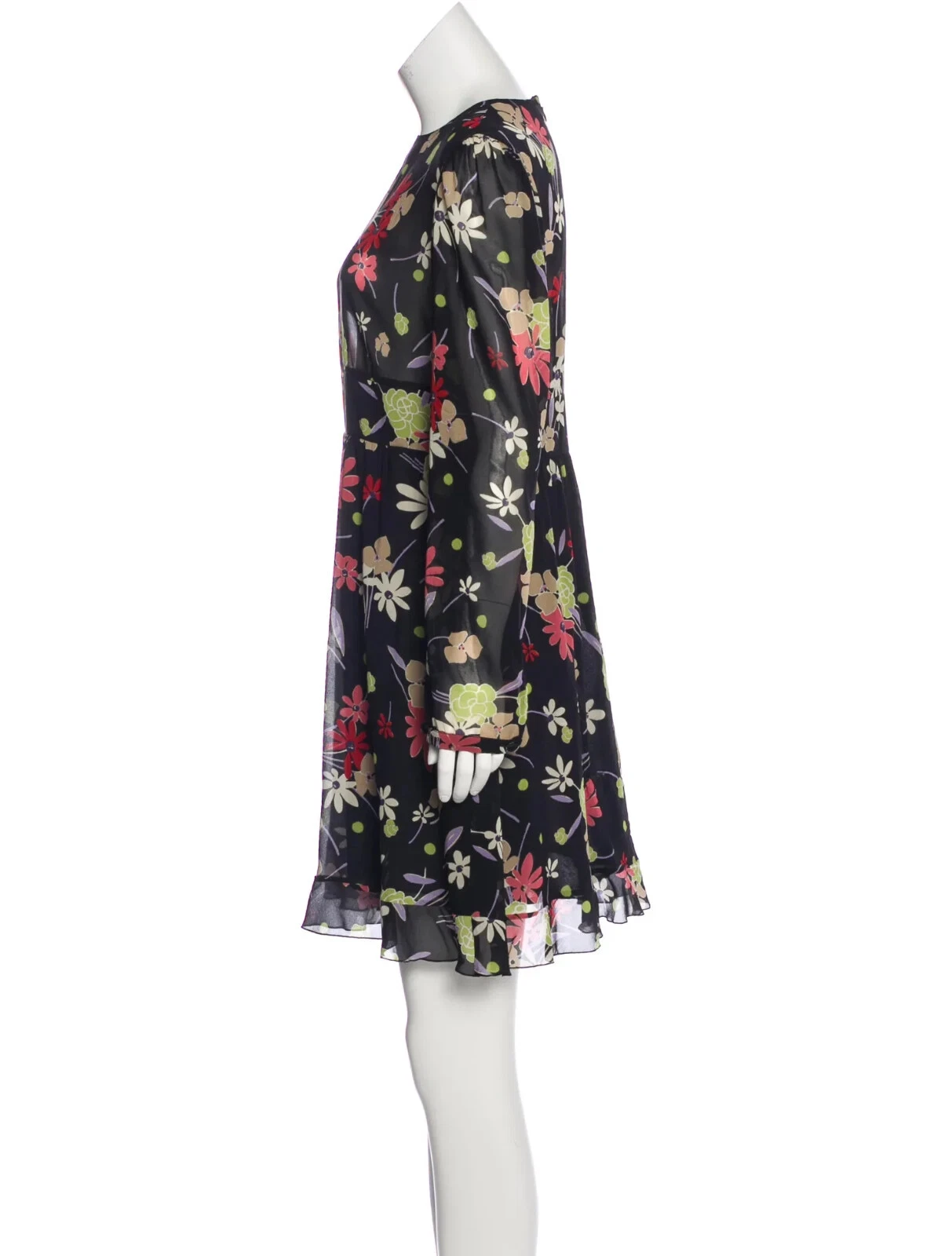 Mini Abito Rosso Valentino Nero Floreale Manica Lunga Foderato Orlo Increspato Seta Taglia 8