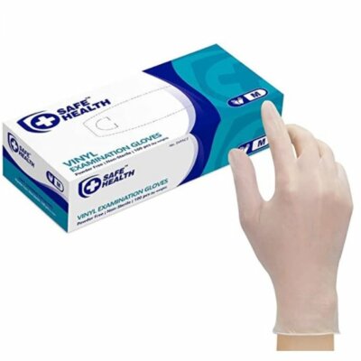 SAFE HEALTH Clear Vinyl Exam Gloves 100-Count Medical Pet Care Guard Disposable