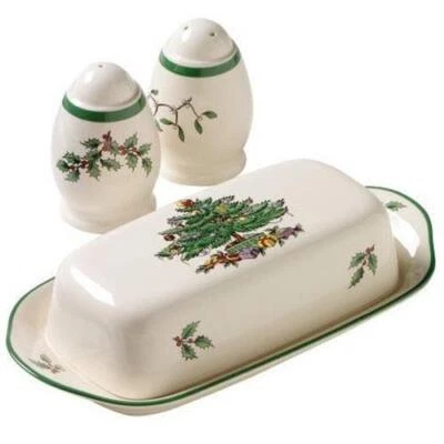 Spode Christmas Tree 3 Piece Hostess Set - Covered Butter & Salt & Pepper