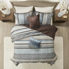NEW  COZY BLUE BROWN WHITE LODGE LOG CABIN COUNTRY PLAID LEAF SOFT QUILT SET