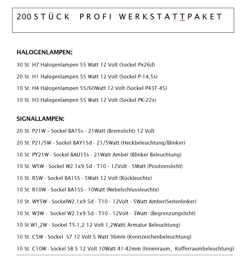 200 St.PROFI Werkstatt Set  KFZ Beleuchtung Birne Autolampen Glühlampen LONGLIFE - Bild 2 von 4