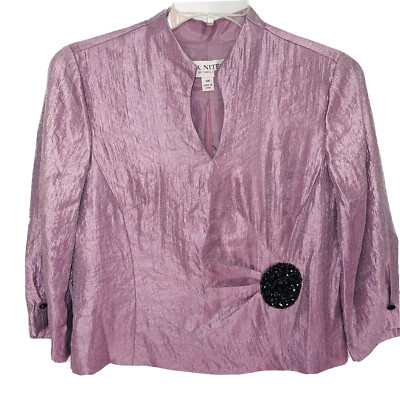 Vintage JR Nites Carol Lin Women Top Iridescent Purple 3/ 4 Sleeve Jeweled 14P