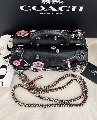 COACH 1941 BLACK/PINK TEA ROSE APPLIQUE DOUBLE DINKY SATCHEL 86854