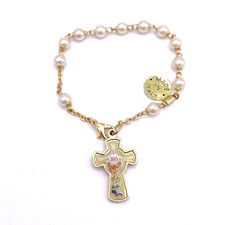 Communion Enamel Cross Beaded Pearl Chain Bracelet Gold Plated Italy 7 inch