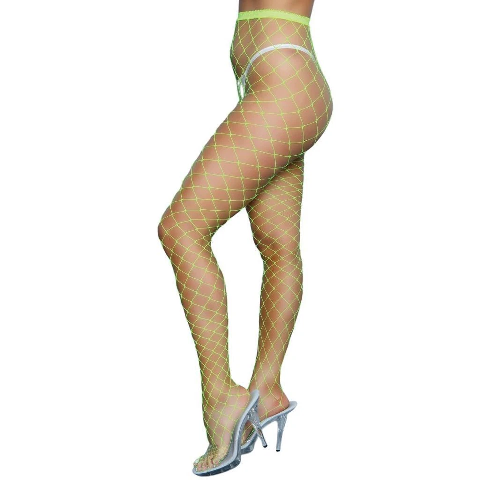 Колготки с неоново-зеленой алмазной сеткой широкий забор большая рыболовная сеть прозрачные эластичные 2304 - Изображение 3 из 4