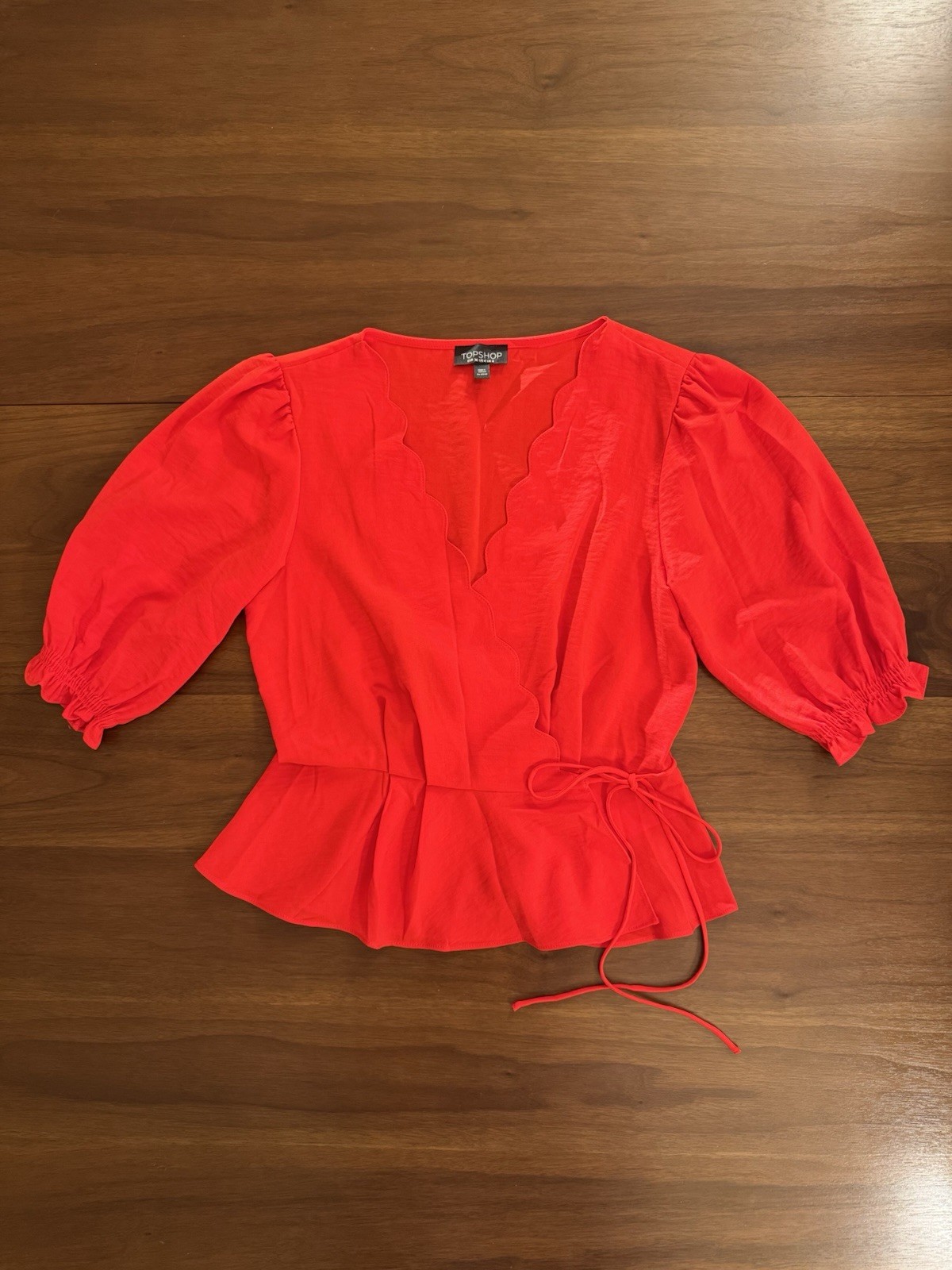 Top Shop Women’s scalloped Wrap blouse, Ruffle Sleeves, Red, US 4