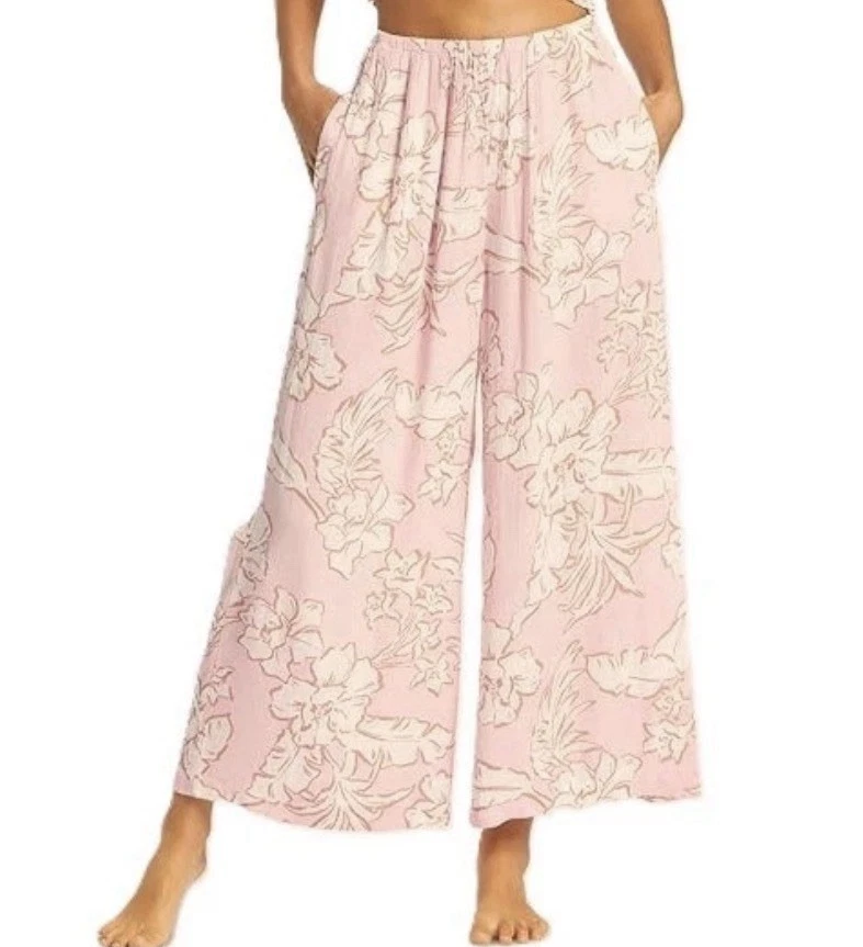 Billabong Pants Women’s Medium Suncatcher Split Spirit Wide Leg Pink Floral New