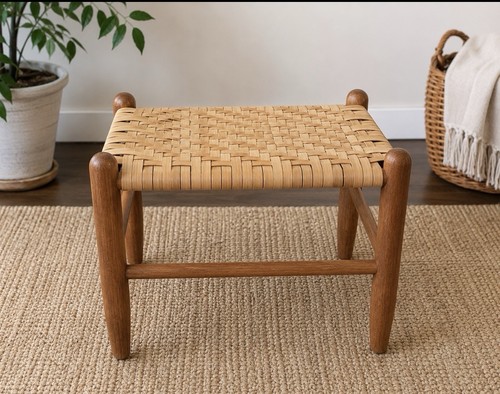 Vintage 1993 Handwoven Splint Seat Wood Footstool Signed Sandy Flinn Folk Art