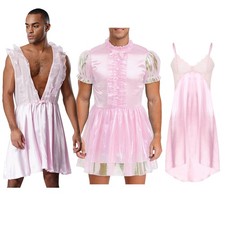 Mens Dress Satin Ruffle Babydoll Lingerie V Neck Sleeveless Sissy Nightwear
