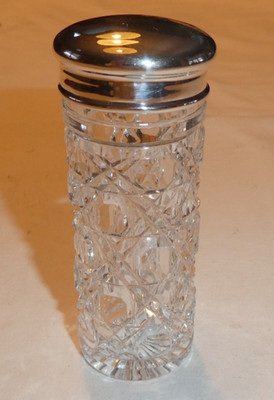 Vintage Faceted Glass Cylinder Vanity Jar Bottle Sterling Silver Lid No Monogram