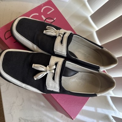 Walter Genuin Black White Canvas Leather Tassel Loafers Golf Shoes 38 1/2 Sz 8