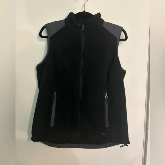 L L Bean Womens Medium Black Grey Polar Fleece Vest Cinch Waist Zippered Pockets