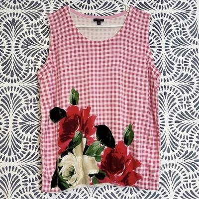 Talbots Gingham Rose Thin Knit Tank Top Womens 1X TINY FLAW