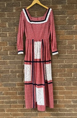 Vintage 70 s Prairie Maxi Dress Boho Cotton Floral Lace Cottagecore Small