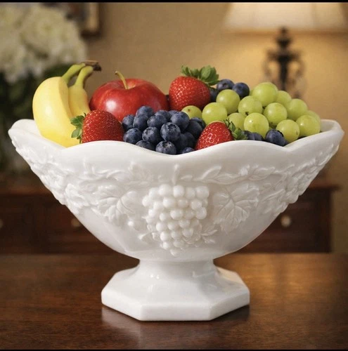 Vintage Anchor Hocking Harvest Grape White Milk Glass Large Footed Pedestal Bowl