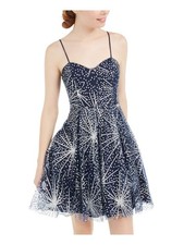 BLONDIE Womens Fit + Flare Mini Dress Navy Spaghetti Strap Party Juniors 5
