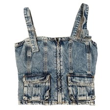 NWT ZARA Corset Blue Denim Top Size S Zip Front Strap Buckles Grunge H385