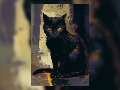 Fesselndes Geheimnis: Leuchtende schwarze Katze - detaillierter Ölgemälde Druck 5''x7''