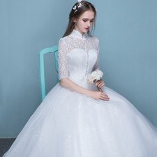 Ladies Bride Bridesmaid Wedding Maxi Long Dress Floral Lace Mesh Ball Gown White