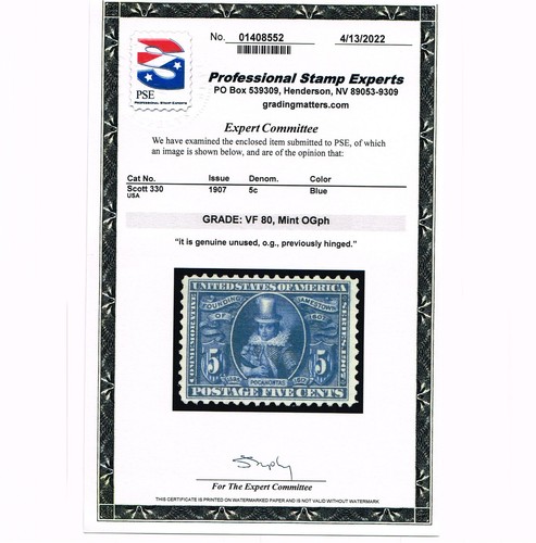 EXCELLENT GENUINE SCOTT #330 MINT OG H 5₵ POCAHONTAS EXPO PSE CERT GRADED VF-80