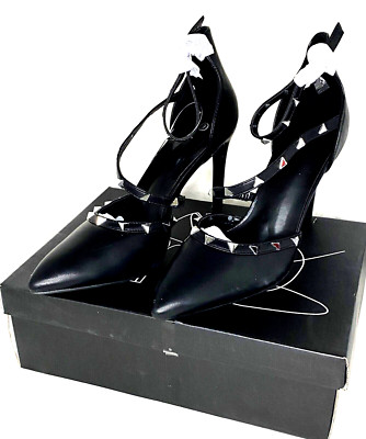 Mysoft Pointed Toe Studded Ankle Strap Stiletto Heel Pumps Black Size 9