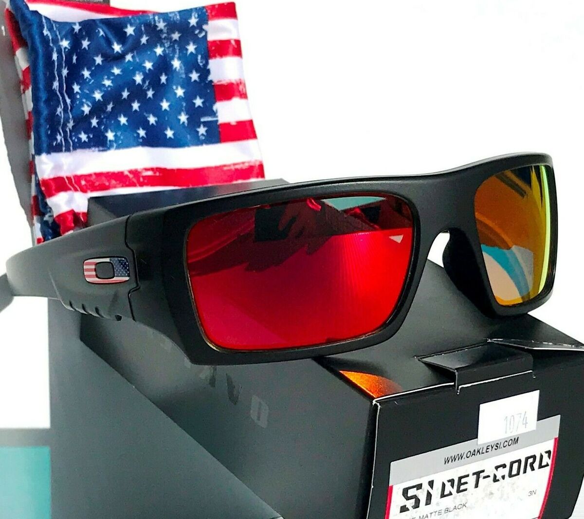 NEW Oakley Det Cord Black Matte USA Flag POLARIZED Galaxy Ruby Sunglass  9253-11