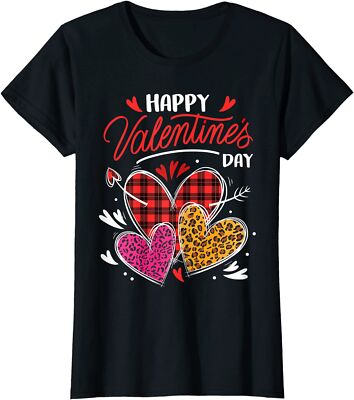 Happy Valentine's Day Three Leopard And Plaid Hearts Ladies' Crewneck T-Shirt