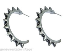 Gothic Punk Gun Metal Grey Spiked half Hoop Crystal Bling Earrings 1 1/4" Hoop