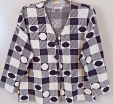 TEXTURES Black White Geometric Cotton Blend Boxy Cardigan Size 1X Made in USA
