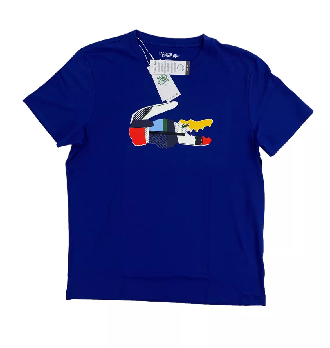 NEW Lacoste Sport Short Sleeve Multi Croc Logo Mens T Shirt Spellout Blue  TH0822