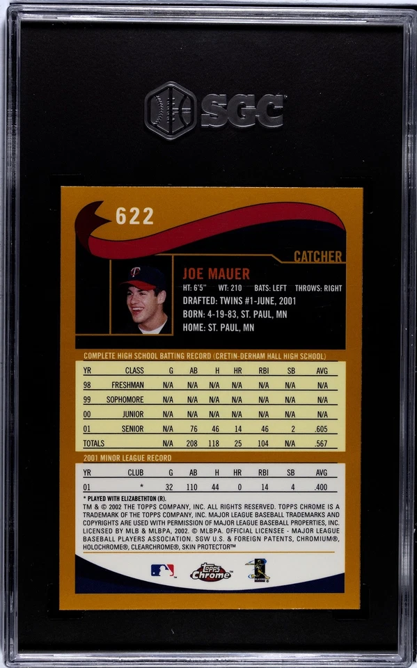 2002 Topps Chrome #622 Joe Mauer RC Minnesota Twins HOF - SGC 9 - Image 2 of 3