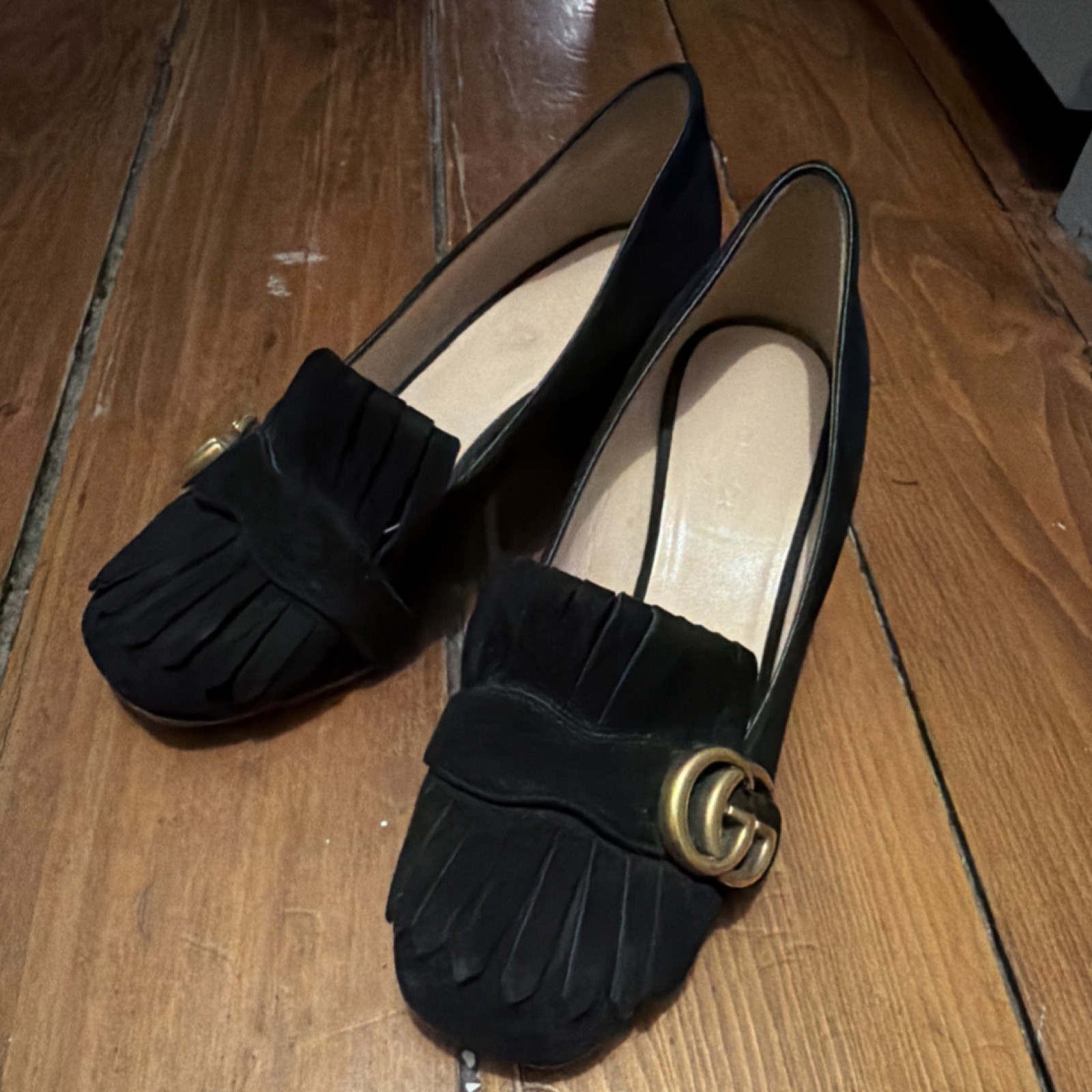 GUCCI Black Suede Fringe Logo Loafer Flats Slip-On Square Toe Women 36.5