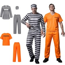 US Mens Halloween Prison Cosplay Uniform Prisoner Jail Theme Jumpsuit 2pcs Set