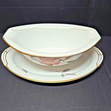Vintage Noritake Pink Dogwood #5473 Gravy Boat or Sauce Bowl with Underplate 9"