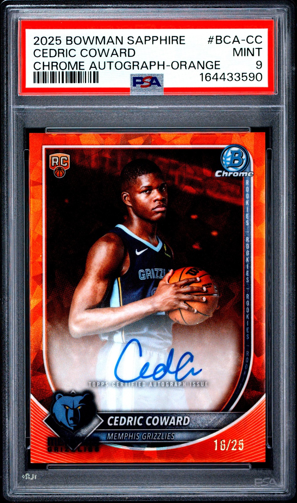 2025 BOWMAN SAPPHIRE EDITION CHROME AUTO ORANGE CEDRIC COWARD 16/25 PSA 9