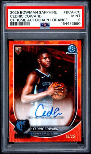 2025 BOWMAN SAPPHIRE EDITION CHROME AUTO ORANGE CEDRIC COWARD 16/25 PSA 9