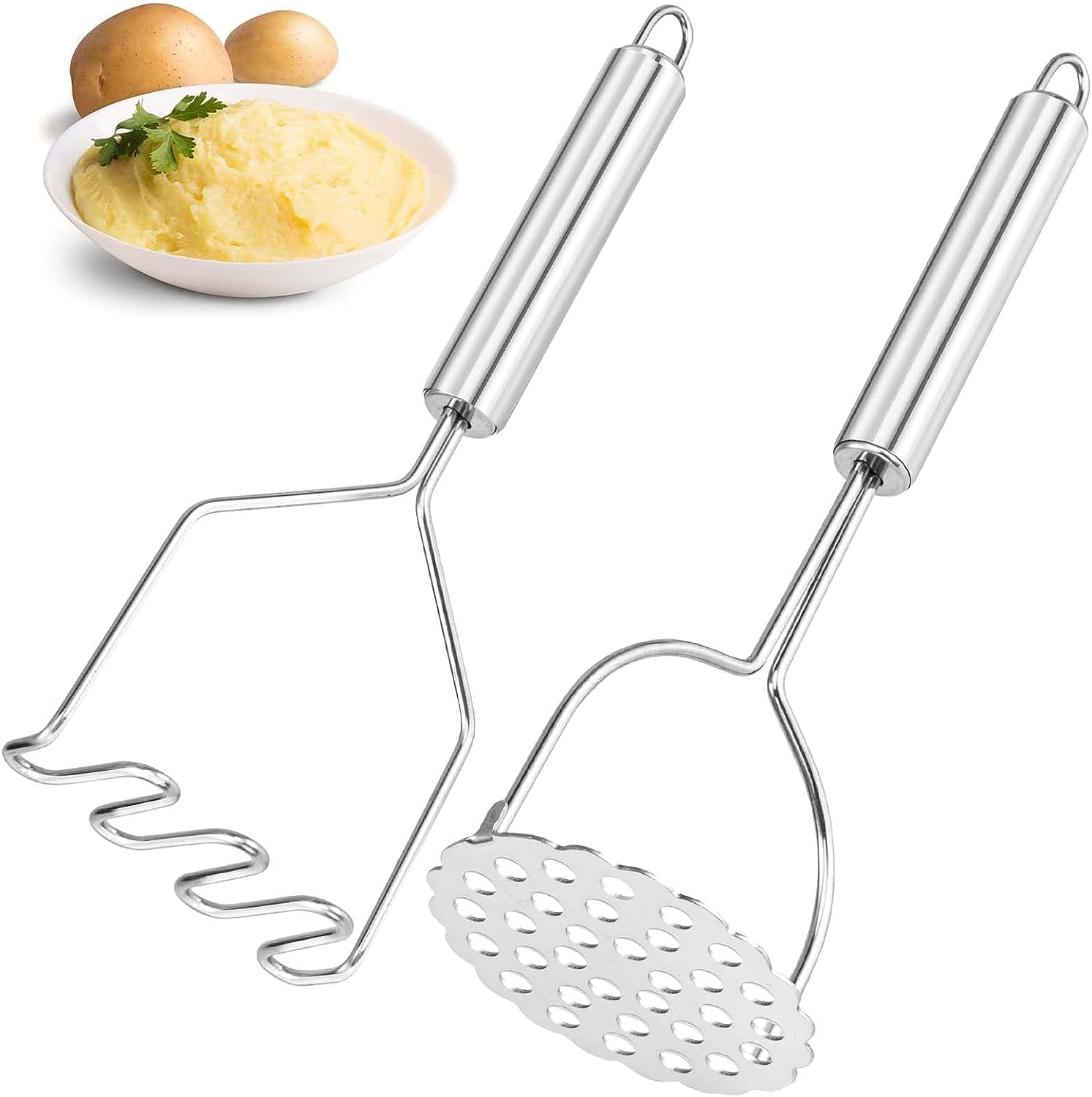 2PCS Potato Masher, MEETOZ Heavy Duty Stainless Steel Mashed Potatoes Masher, Ma