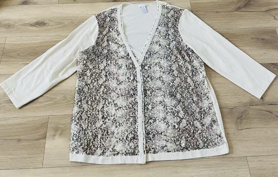 Chico's Ivory Sequin 3/4 Sleeves Python Shimmer V… - image 1