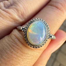 925 Sterling Silver Ring 8x6mm Oval Natural Opal Gemstone Women Bridal Jewelry