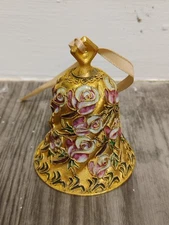 Vintage Closionne Bell Heavy Gold Green Enamel With White & Pink Roses 3"