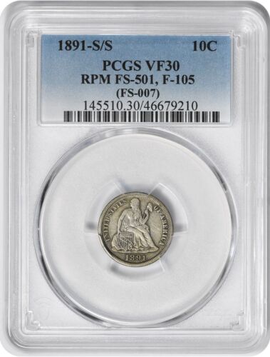 Moneda de diez centavos de plata Liberty 1891-S/S RPM FS-501 VF30 PCGS - Imagen 1 de 2