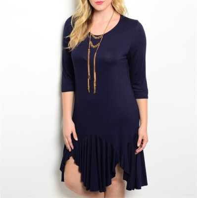 Women Juniors Plus Size Navy 3/4 Sleeve Pleated Asymmetrical Hem Dress
