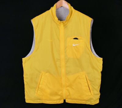 VTG Nike Bright Yellow Ripstop Nylon REVERSIBLE Cotton Gray Zip Running Vest L