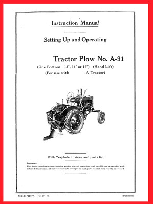 IH Regular A McComick Deering Farmall A-91 1 Bottom Mounted Turning Plow Manual 