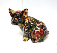 Ceramic Decoupage Floral Pig Figurine 6 1/2" Cute Sitting Pig