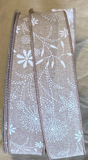 5 Yds. BEIGE  WHITE FLORAL WIRE EDGE RIBBON 1 1/2" Wide