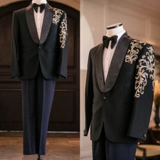 Men's Suit Unilateral Applique Shawl Lapel Single Breasted Groom Wedding Formal