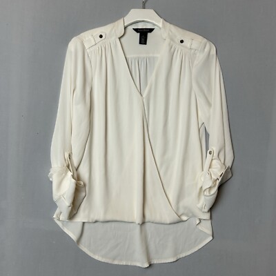 White House Black Market Top Womens 8 Ivory Long Sleeve Button Down V Neck Shirt