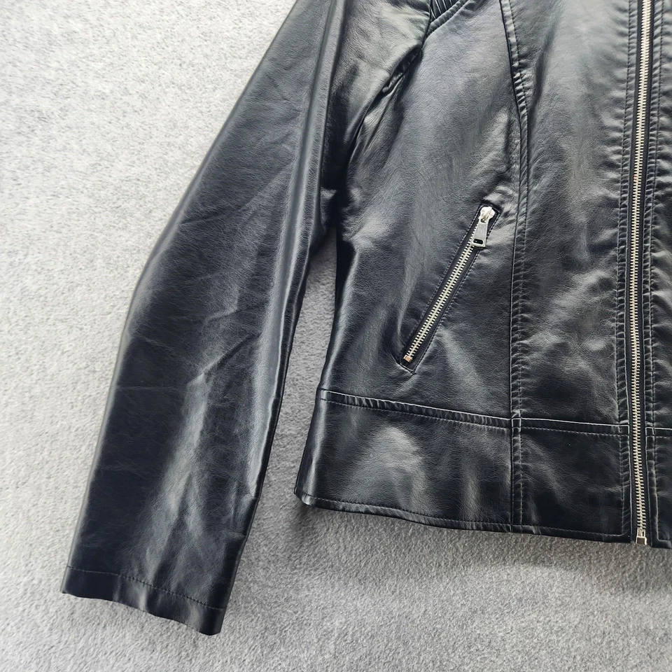 Outer Edge Jacket Womens Large Black Faux Leather Moto Biker Zip Pockets Ribbed - Image 3 of 4