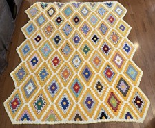 Hand Stitched Quilt Diamond Patchwork Vintage Grandmothers Flower Garden 75x85"
